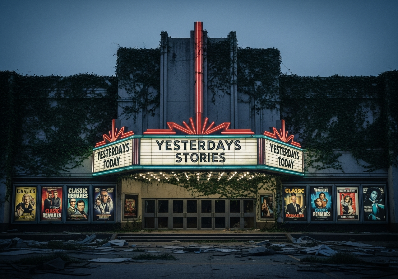 A wide shot of a crumbling, futuristic movie theater with faded posters of old film remakes, overgrown with vines, under a perpetually twilight sky. A single, flickering neon sign reads "Yesterday's Stories Today".