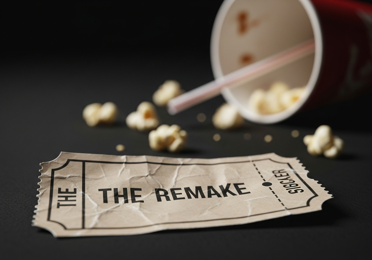 A close-up shot of a crumpled, faded cinema ticket from a remake film, with popcorn crumbs and an empty soda cup in the background, hinting at a lackluster viewing experience.