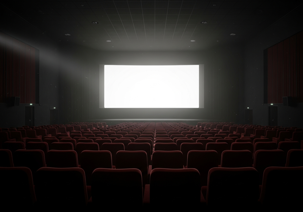 A desolate, dimly lit cinema interior, rows of empty seats stretching into darkness, a single, weak beam of light struggling to pierce the gloom. The screen is blank, reflecting nothing.