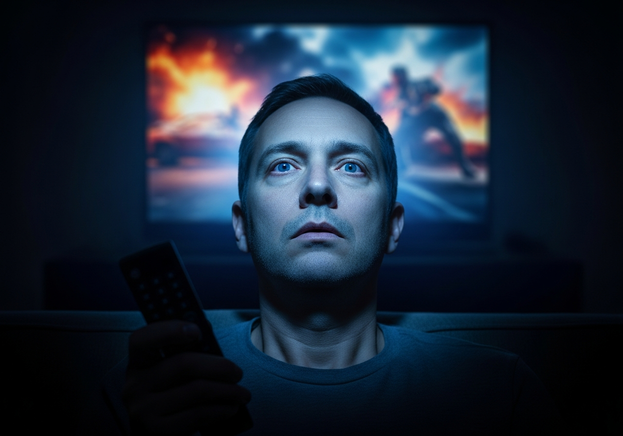 A person sitting alone in a dimly lit room, holding a remote control. Their face is illuminated by the glow of a large TV screen, displaying a generic, action-packed scene. Their expression is vacant, almost zombie-like.