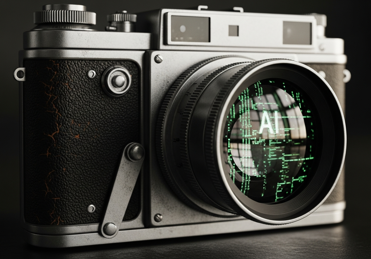 A close-up shot of an old, weathered film camera, its lens slightly out of focus, reflecting a blurry, digital screen displaying complex lines of code, symbolizing the clash between traditional cinema and artificial intelligence.