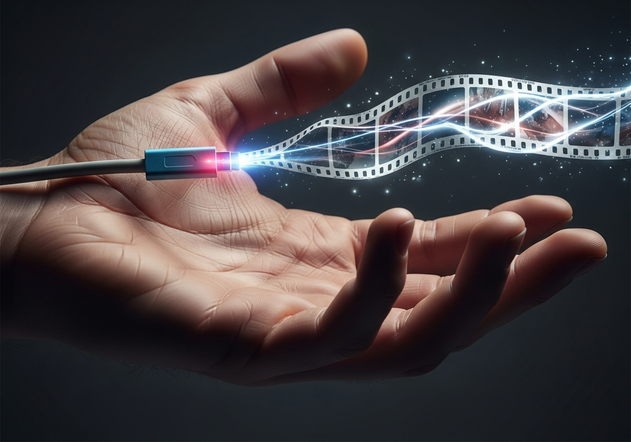 A surreal image of a human hand delicately holding a single, glowing data cable, which then transforms into a flickering film strip, hinting at the connection and tension between human touch and technological creation.