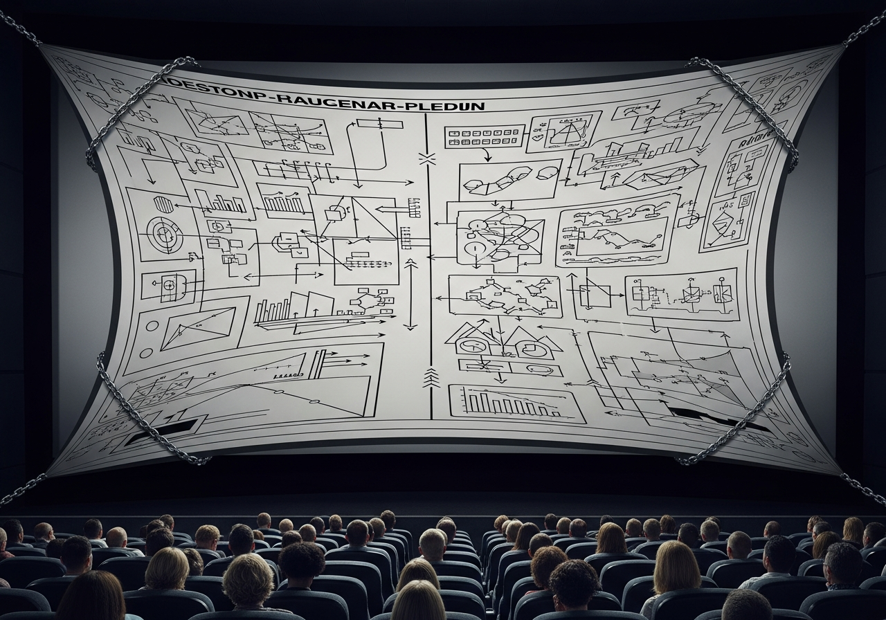 A surreal depiction of a cinema screen with invisible chains pulling at its corners, distorting the projected image into a rigid, instructional chart instead of a fluid movie scene. The audience in the foreground looks bored and confused.