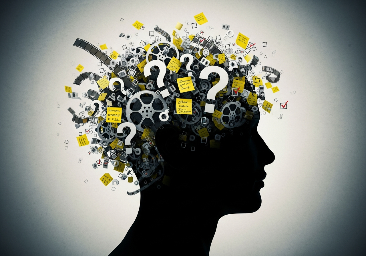 An abstract representation of a cluttered mind, with film reels, sticky notes, checkboxes, and question marks floating around a silhouette of a person's head, conveying mental exhaustion and confusion.