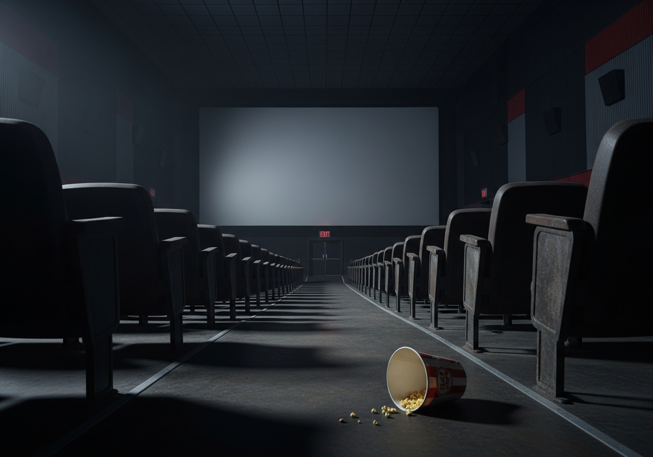 A desolate, empty cinema hall, the screen blank and dark, reflecting only the faint, cold light from the exit sign. A single, abandoned popcorn bucket lies on the floor, symbolizing lost magic.
