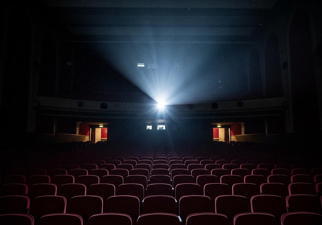 A dimly lit, empty cinema hall, rows of red velvet seats stretching into the dark, a single beam of light from the projector booth illuminating dust motes in the air, creating a sense of nostalgic melancholy and loss.