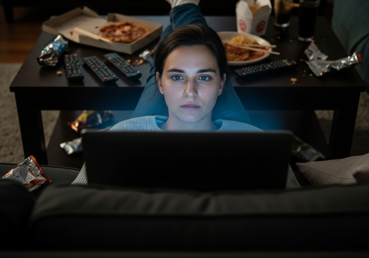 A person slumped on a sofa in a cluttered living room, eyes glued to a laptop screen displaying a movie, surrounded by snack wrappers, remote controls, and a half-eaten meal, capturing the mundane and solitary home viewing experience.