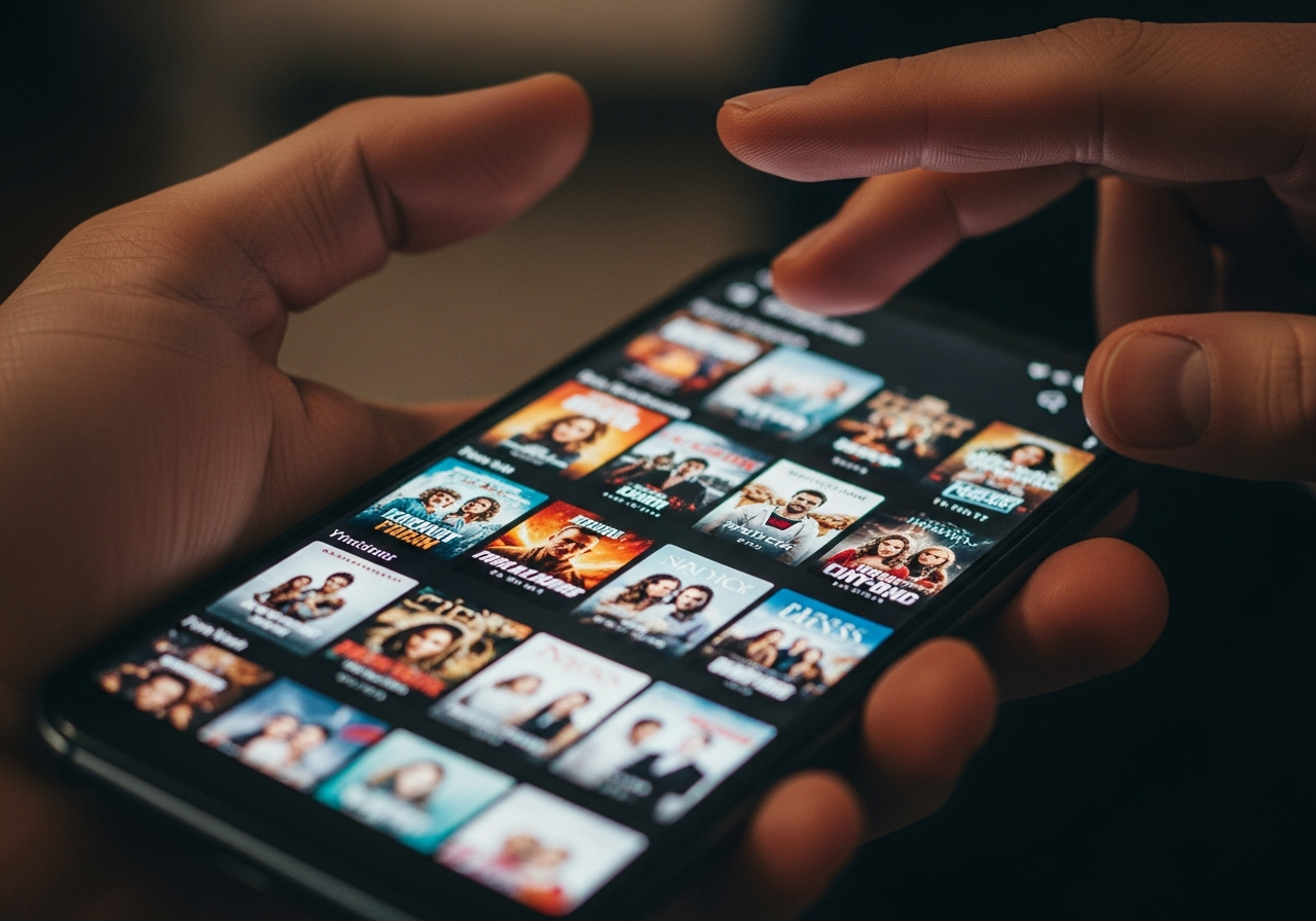 A close-up shot of a hand holding a glowing smartphone, the screen displaying a streaming service interface, fingers hovering over various movie thumbnails, symbolizing the endless and often overwhelming choice of digital content.