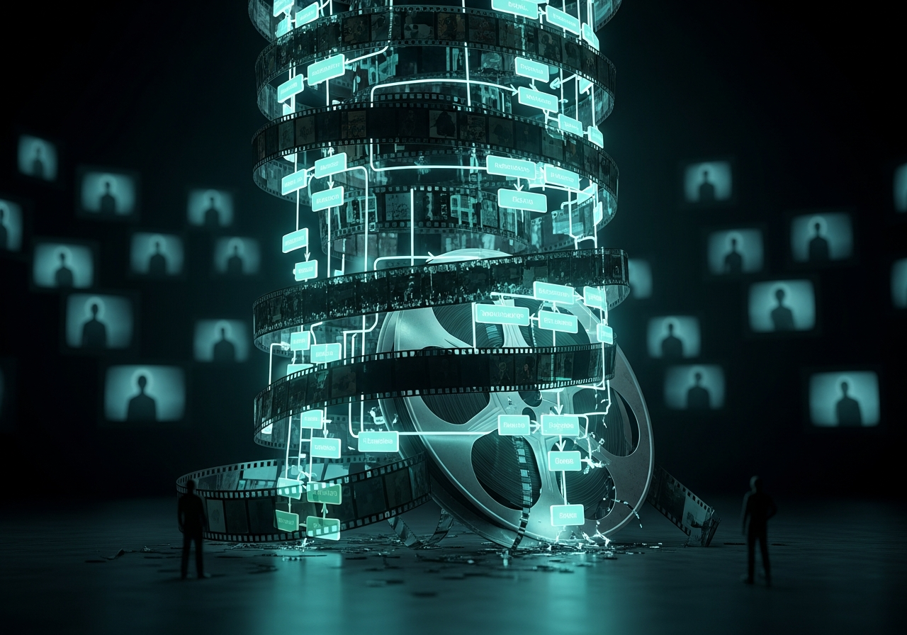 A surreal, dark image of a giant, glowing algorithm flowchart constricting a classic film reel, with tiny, silhouetted human figures passively watching on screens in the background. The mood is oppressive and slightly melancholic.
