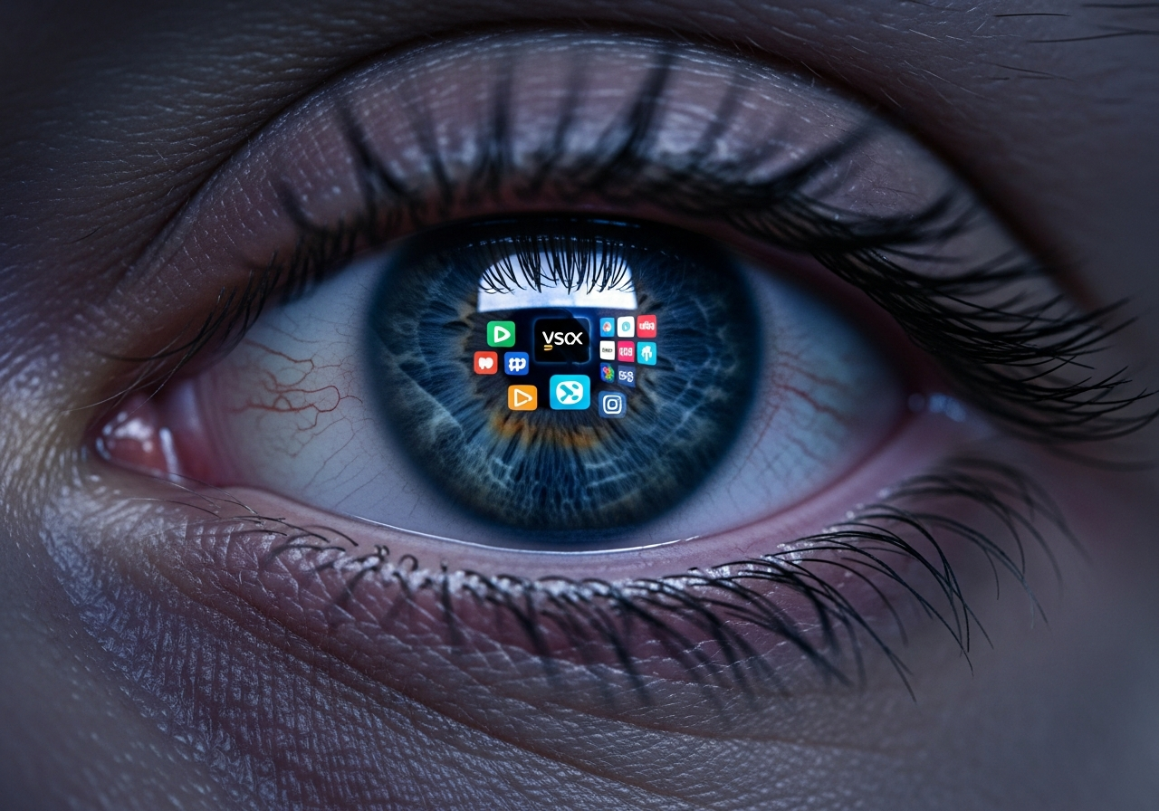 A close-up shot of a human eye reflecting multiple small, glowing screens showing different streaming platform logos. The eye looks tired and slightly unfocused, conveying a sense of digital fatigue.