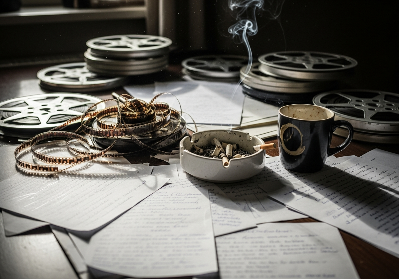 A cluttered desk with old film reels, scattered papers with handwritten notes, an overflowing ashtray, and a half-empty coffee mug, bathed in a soft, melancholic light.