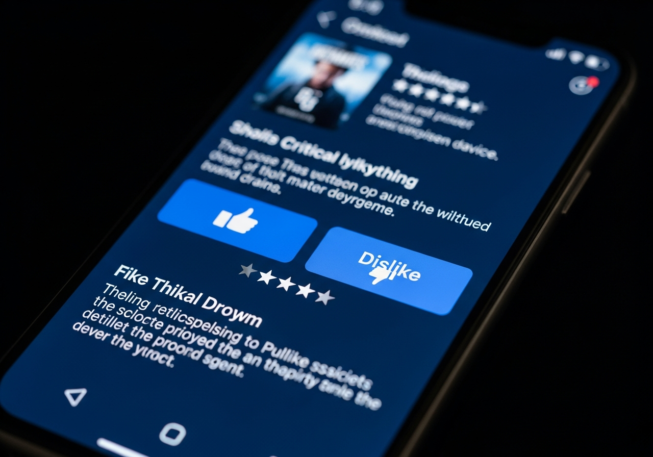 A smartphone screen displaying a popular movie streaming platform, dominated by large "Like" and "Dislike" buttons, and a star rating system, with very little space for actual critical text. The screen glows an artificial blue.