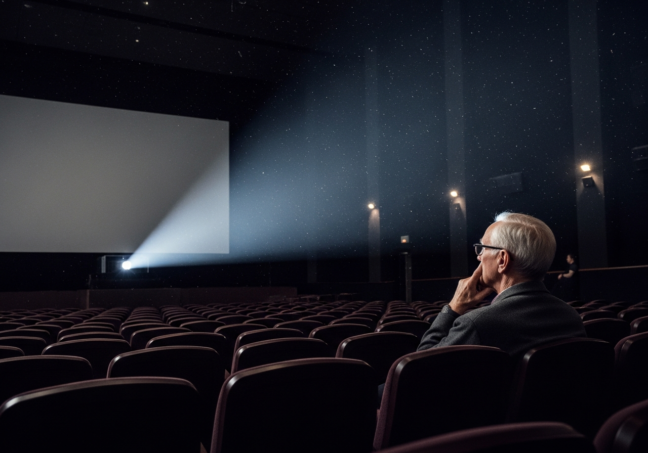 A lone figure, an older man with glasses, sits in a dimly lit, empty cinema hall, looking thoughtfully at the blank screen. A single beam of light from the projector pierces the darkness, highlighting dust motes in the air, creating a sense of solitude and contemplation.