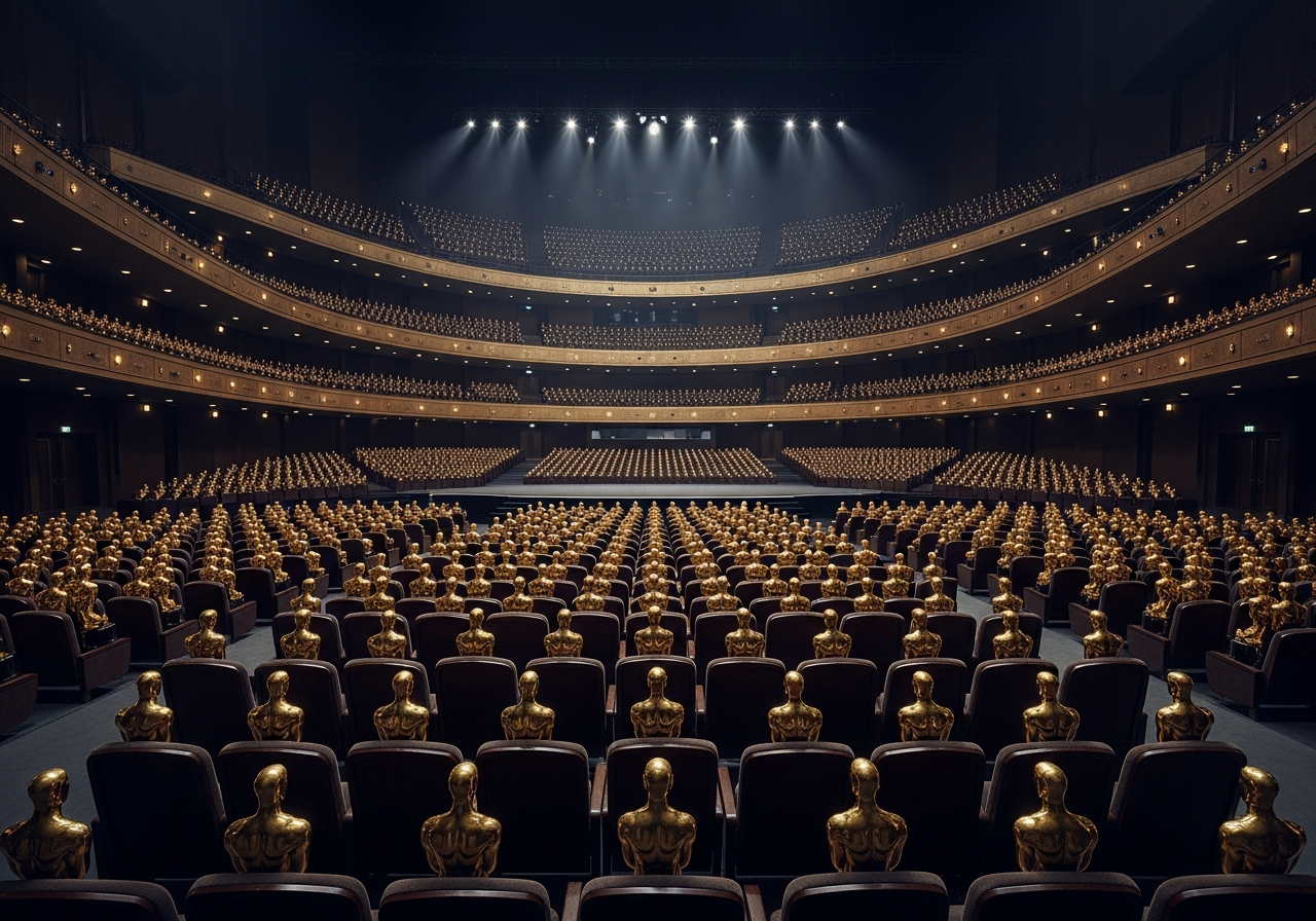 A dimly lit, grand award ceremony hall, but instead of people, the seats are filled with golden Oscar statues looking at a large empty stage, implying self-reflection and isolation.