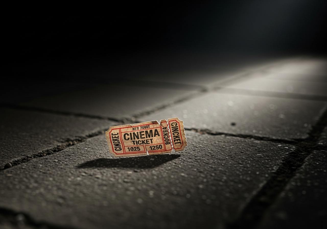 A single, faded cinema ticket lying on a worn, grimy pavement, illuminated by a faint, distant spotlight, symbolizing a lost dream.