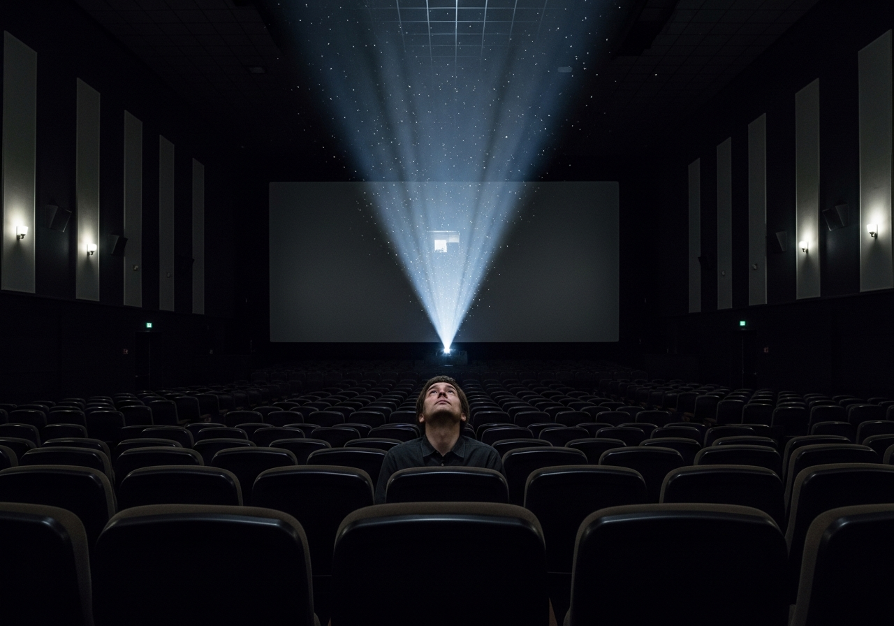 A person sitting alone in a dimly lit, empty cinema hall, looking up at the dark screen with a melancholic expression, a single ray of light from a projector lens highlighting dust motes in the air.