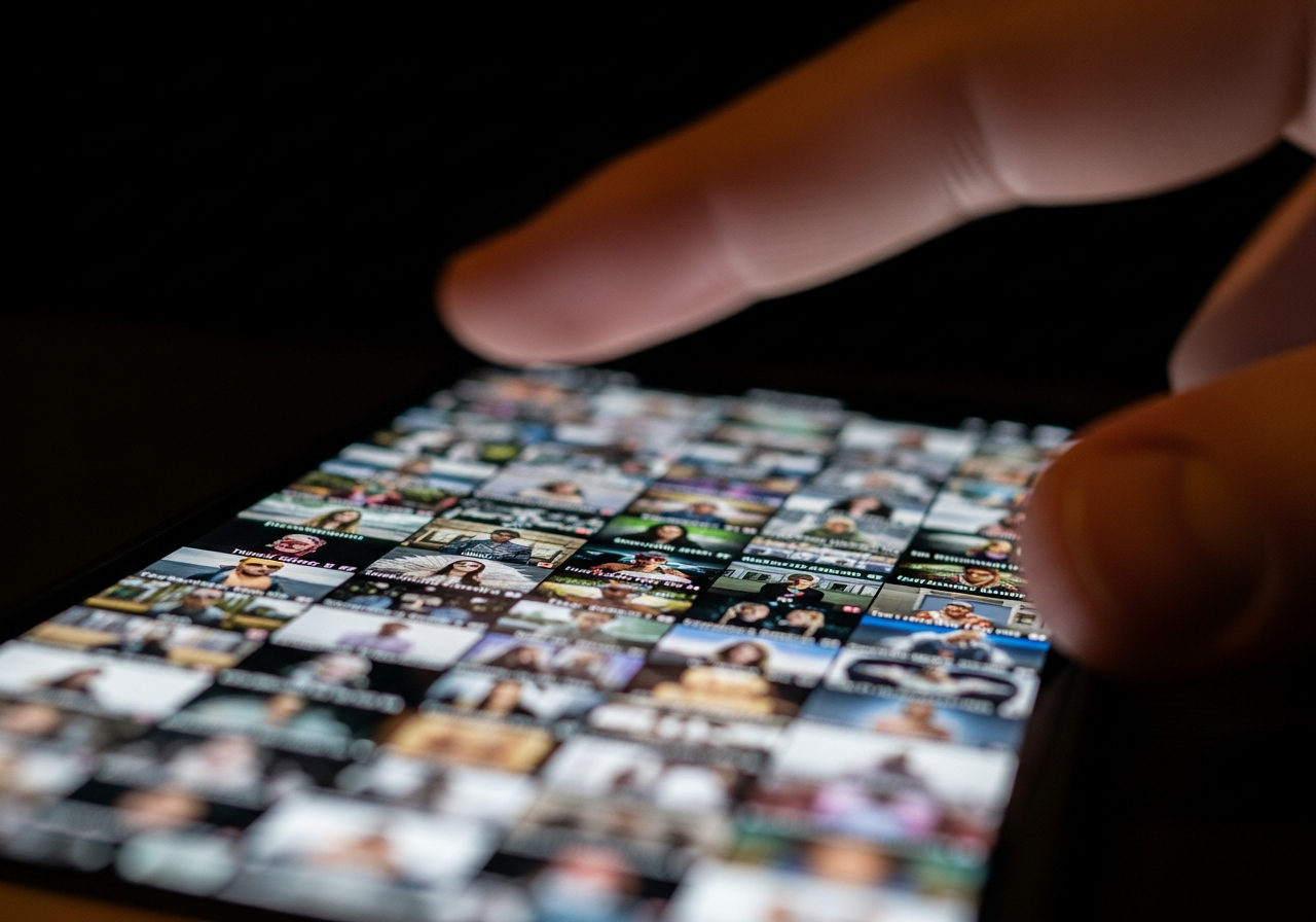 A close-up shot of a smartphone screen displaying a chaotic mosaic of rapidly changing, colorful short video clips, with a blurry human thumb poised to scroll.