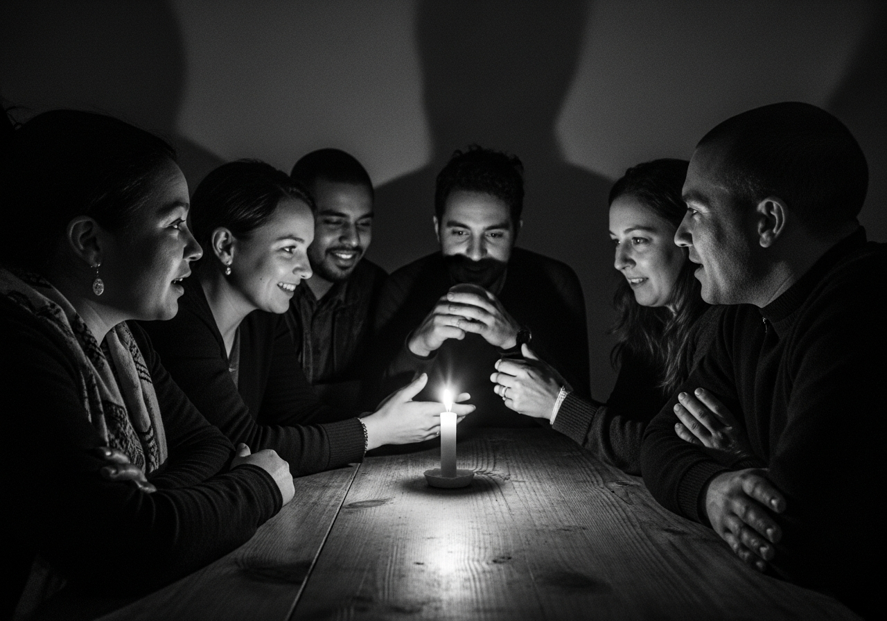 A monochrome, slightly grainy photo of a group of people sitting around a table in a dimly lit room, illuminated only by a flickering candle, engaged in lively conversation, their faces showing genuine connection.