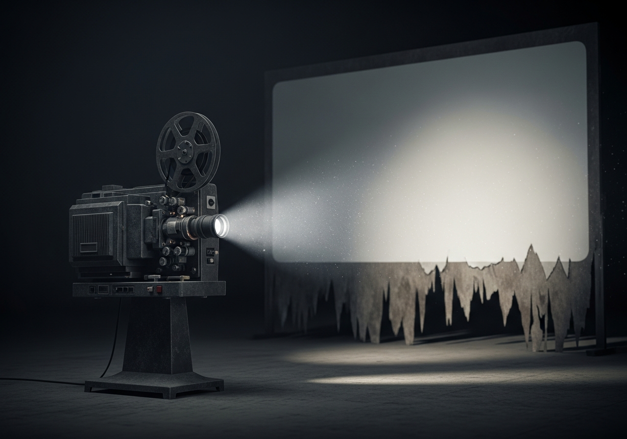 A dimly lit, dusty, old-fashioned film projector stands alone on a stage, its light beam cutting through the air, but the screen it points to is empty and torn, hinting at forgotten stories.