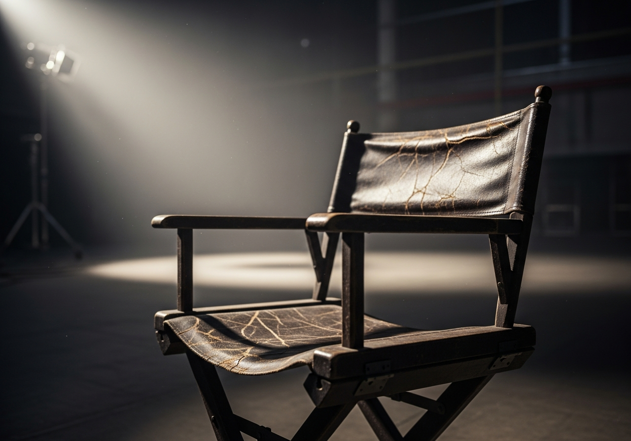 A close-up of an old, worn leather director's chair, slightly askew, on a dusty, empty soundstage, with a single, faded spotlight shining on it.