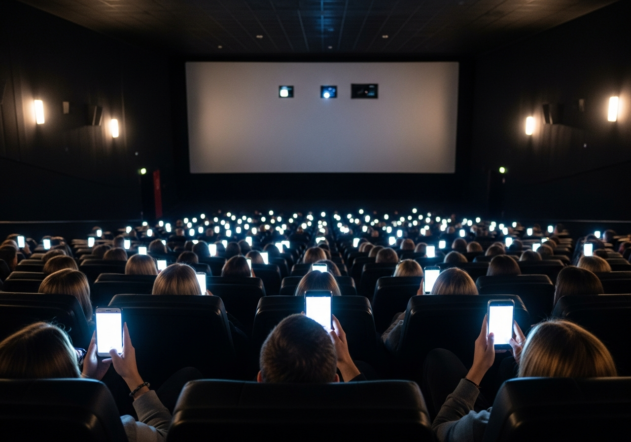 A dimly lit cinema audience, but instead of faces illuminated by the screen, many small, bright smartphone screens glow in the darkness, distracting from the large movie screen.