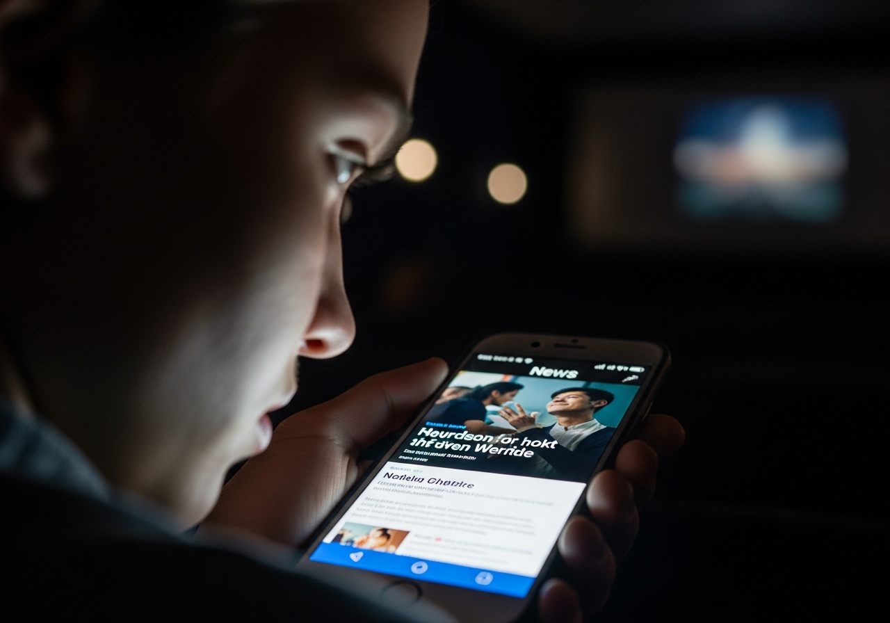 A close-up of a person's hand holding a glowing smartphone, its light casting shadows on their face, while the background is blurry, suggesting a dark cinema hall and a faint movie screen.