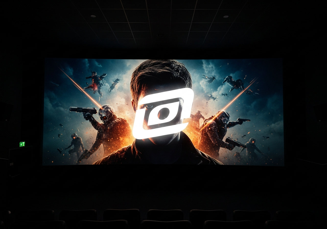 A dimly lit cinema screen showing a modern blockbuster scene with a prominent, almost glowing product logo in the foreground, overshadowing the hero's face.