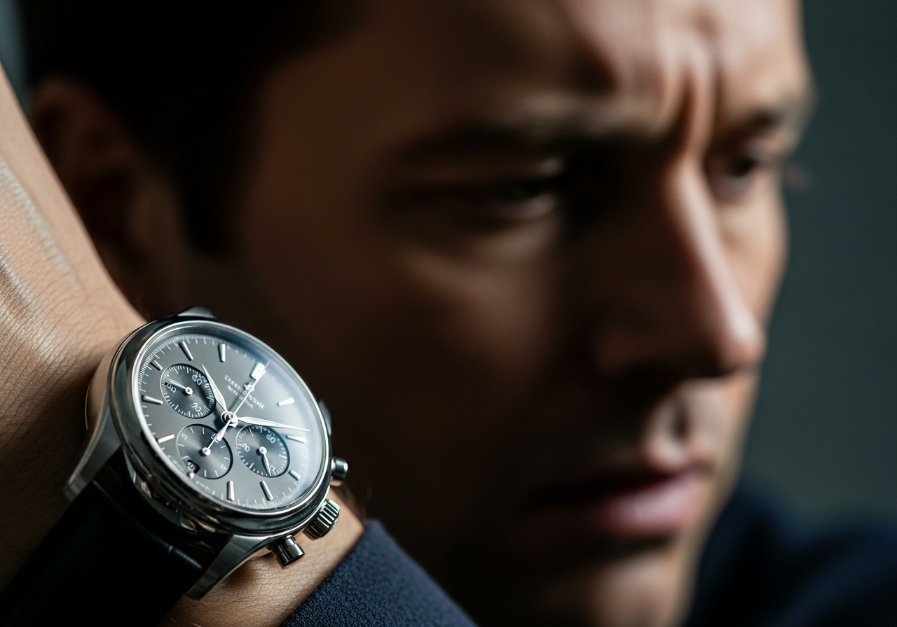 A close-up shot of a luxury watch on an actor's wrist in a dramatic film scene, with the actor's face slightly out of focus in the background, showing a subtle expression of dismay.