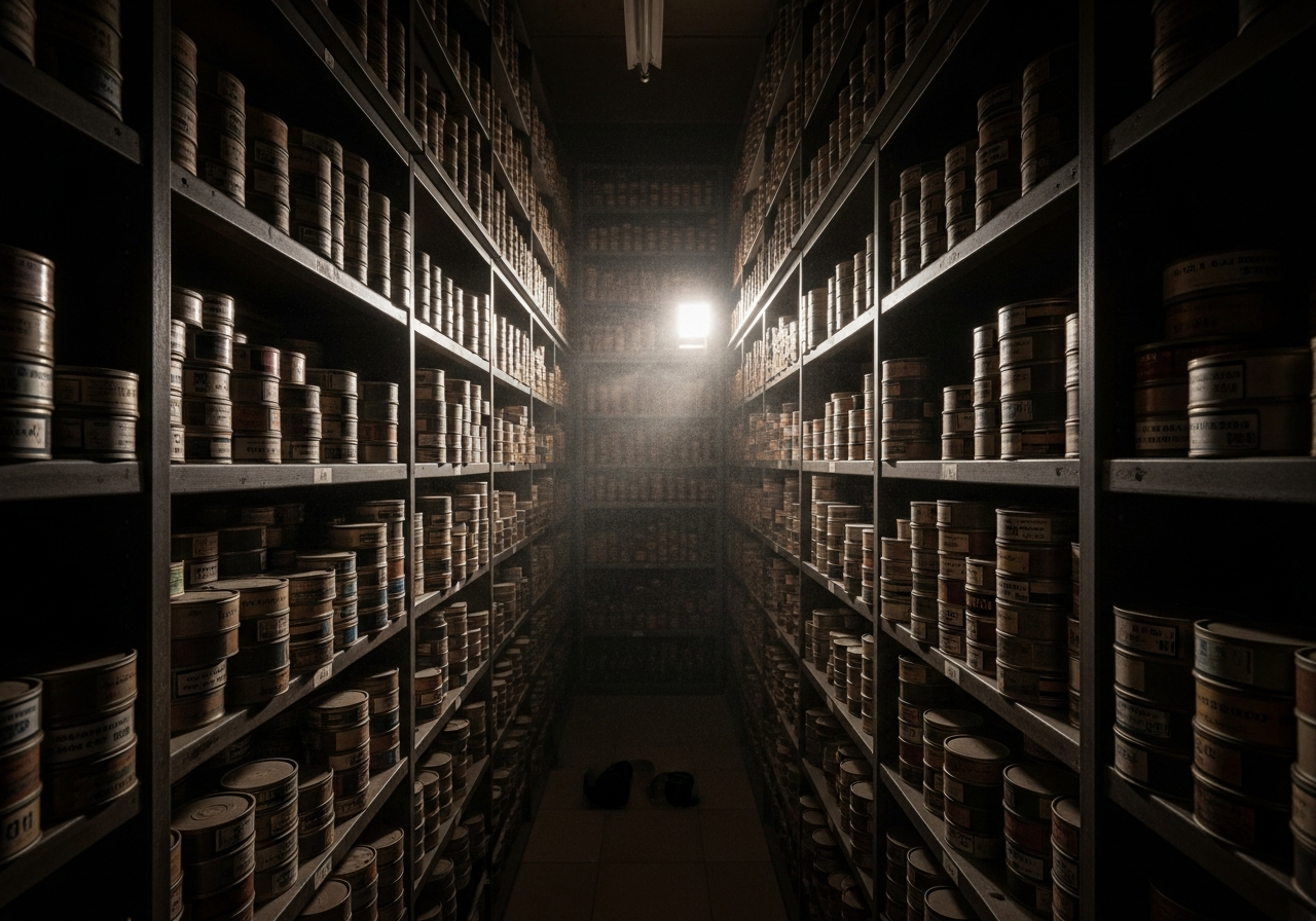 A dimly lit, dusty old film archive with shelves full of film canisters, a faint ray of light illuminating floating dust particles, evoking a sense of forgotten history.