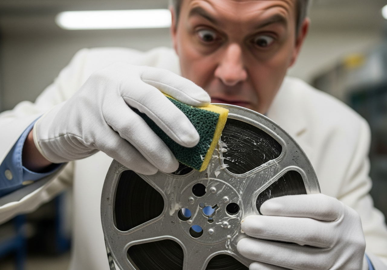 A person in a pristine white suit, wearing white gloves, carefully scrubbing a classic film reel with a sponge, almost comically over-cleaning it, with a serious, almost fanatical expression.