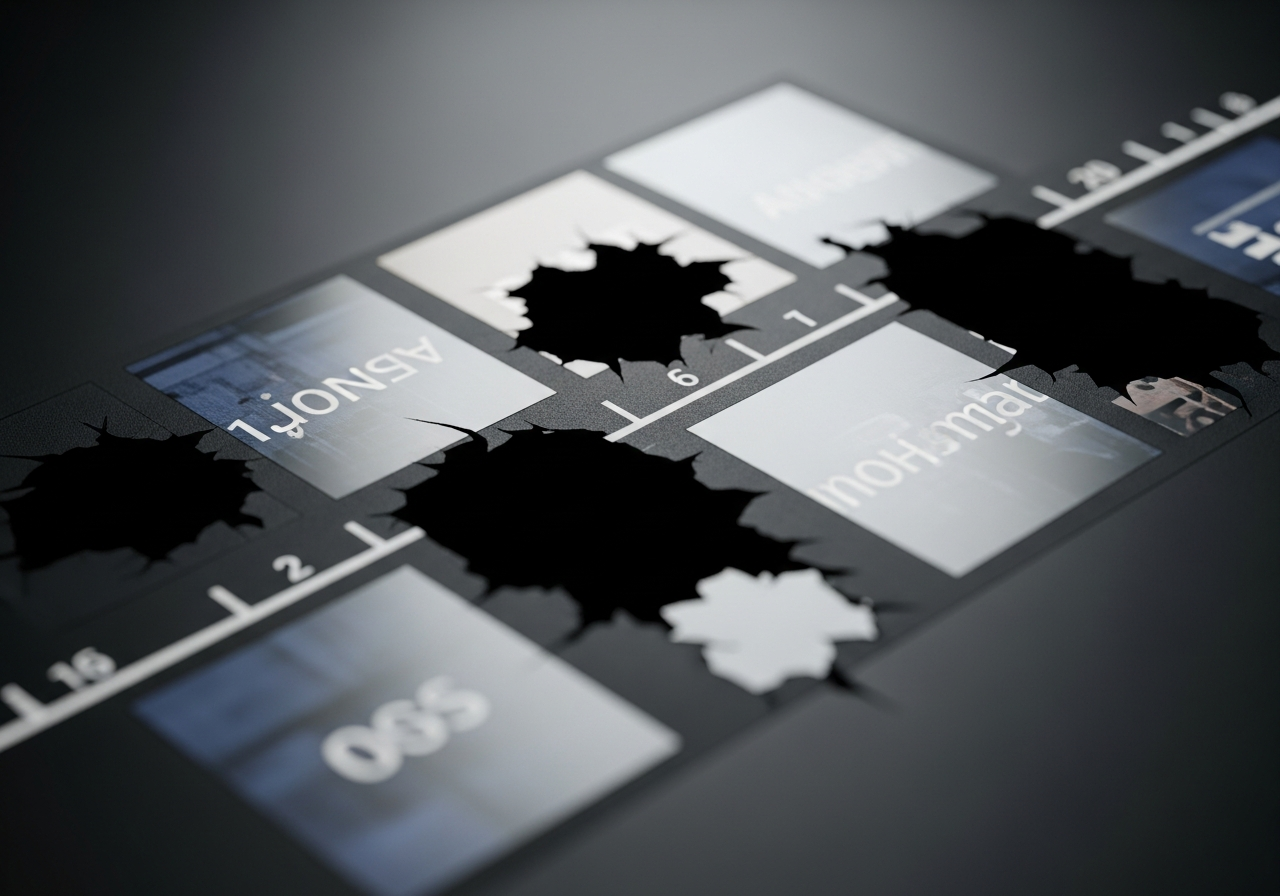 A fragmented timeline or a broken film strip, with some parts clearly missing or blacked out, symbolizing erased history or memory.