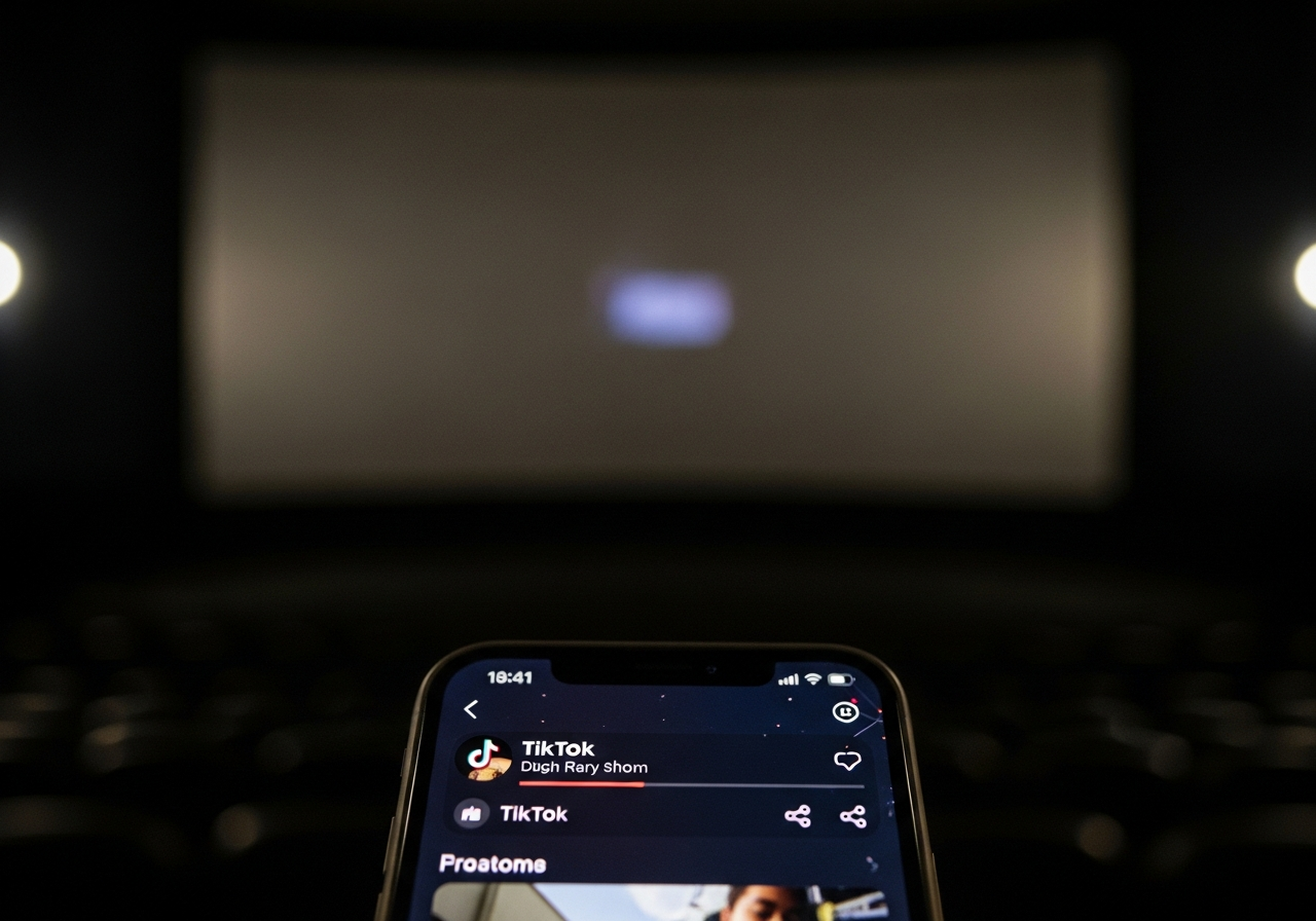 A close-up shot of a smartphone screen showing a TikTok video playing, with a blurred, dimly lit cinema screen in the background, subtly out of focus, suggesting the phone's dominance over the traditional screen.