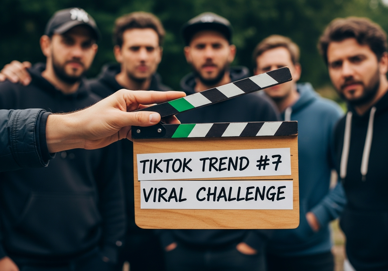 A person's hand holding a clapperboard, but instead of traditional film details, it has "TIKTOK TREND #7" and "VIRAL CHALLENGE" written on it in marker, with a confused-looking film crew in the background.