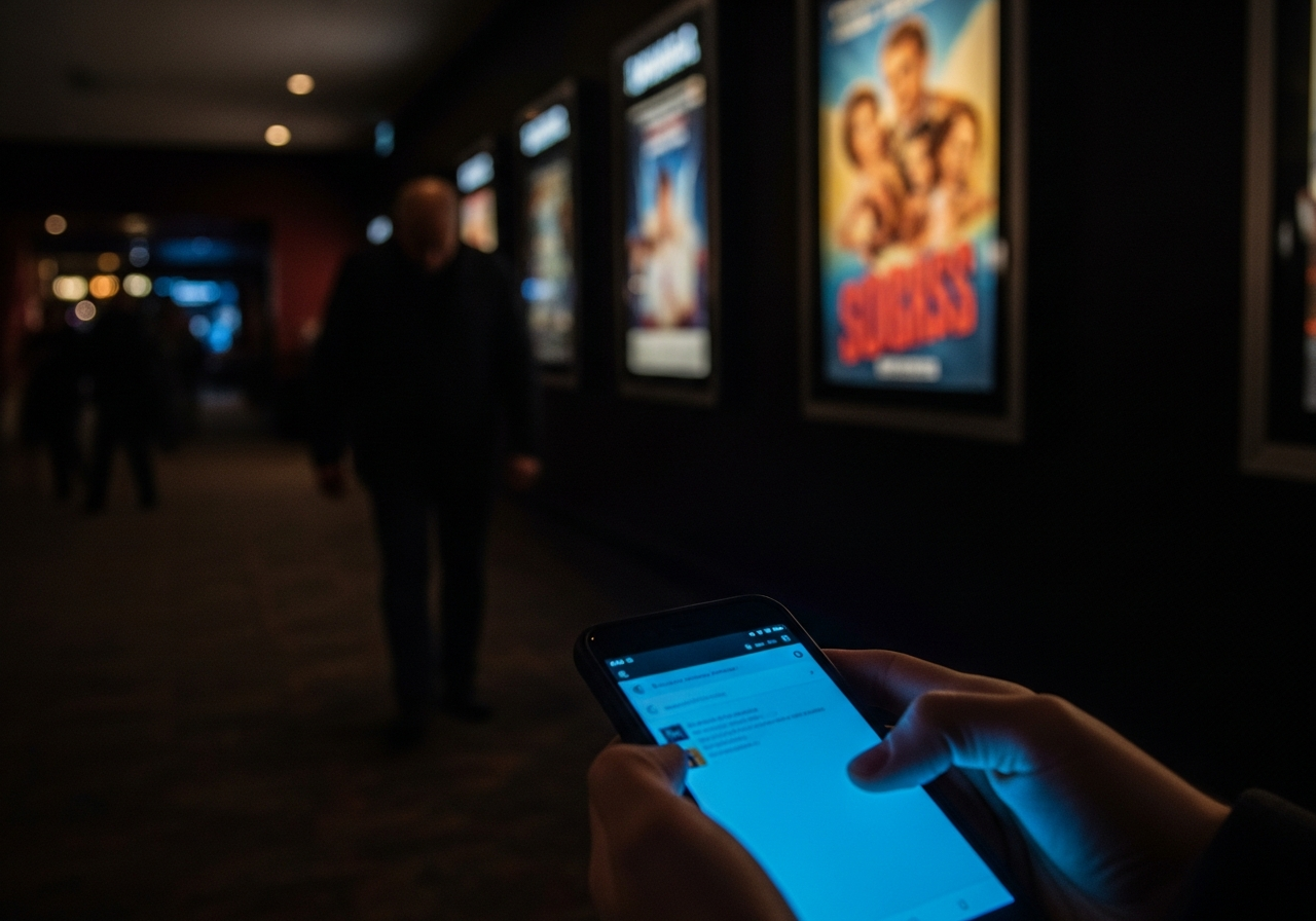 A dimly lit cinema lobby with a single, melancholic figure walking away from a poster of a classic, timeless film, while a bright, glowing smartphone screen held by someone else in the foreground captures all attention.