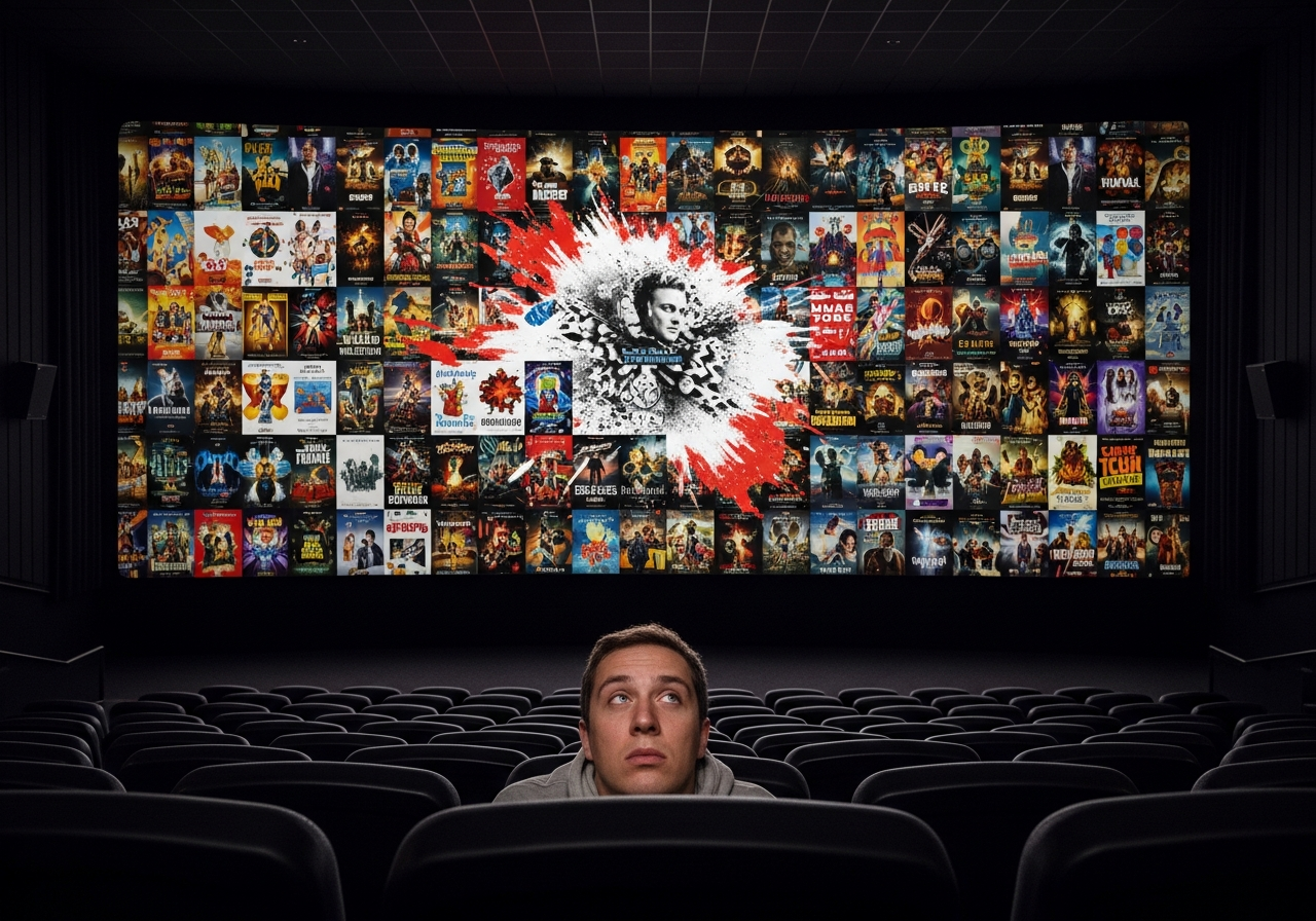 A person sitting alone in a dimly lit, near-empty movie theater, looking overwhelmed and slightly bored, while on the screen, a chaotic montage of trailers and marketing materials flashes, oversaturating the senses.