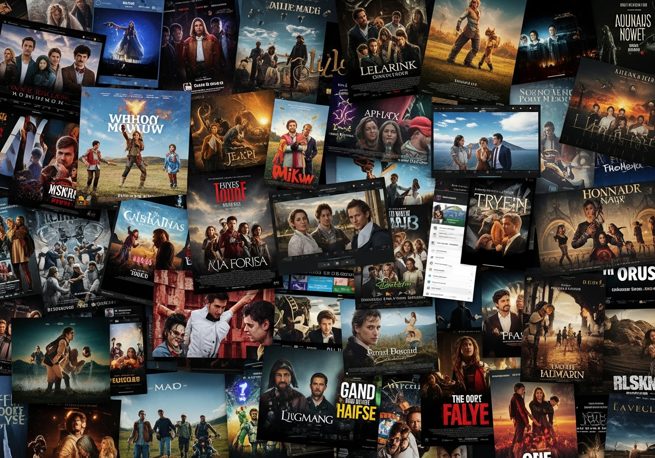 A fragmented collage showing various movie posters, trailers, social media feeds, and promotional ads, all overlapping and creating a sense of visual noise, almost completely obscuring a small, blurry image of an actual film scene at the center.