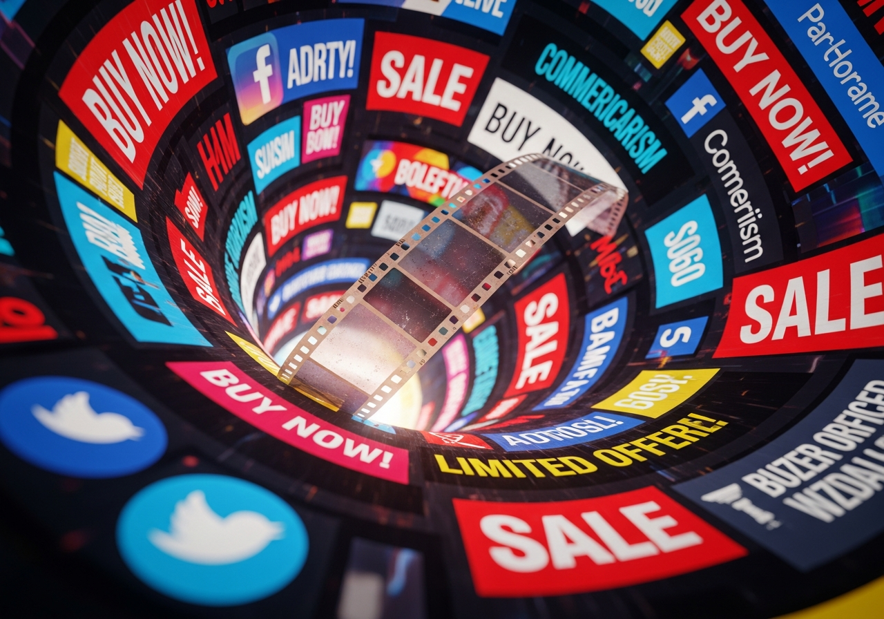 An abstract representation of a single, delicate film strip trying to emerge from a swirling vortex of aggressive marketing graphics, flashing lights, and loud text, symbolizing the struggle of art against commerce.