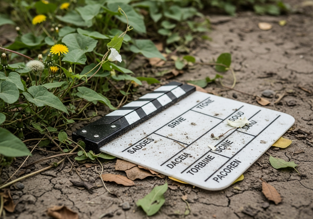 A film clapperboard lying face down in a dusty, overgrown garden, partially covered by weeds, symbolizing abandoned creativity and a forgotten set