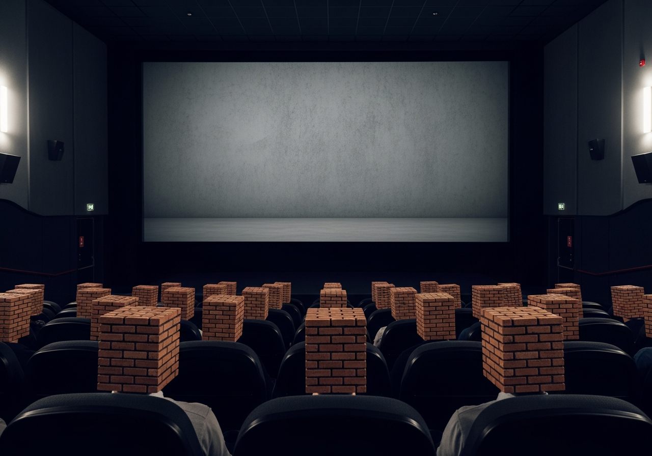 A surreal movie theater interior, where the screen shows a blank, grey wall, and the audience members have their heads replaced with small, identical brick walls, symbolizing blocked imagination