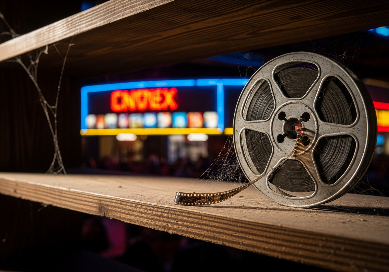 A lonely, old-fashioned film reel sits discarded on a dusty shelf, covered in cobwebs, while in the background, out of focus, neon signs of a modern multiplex gleam.
