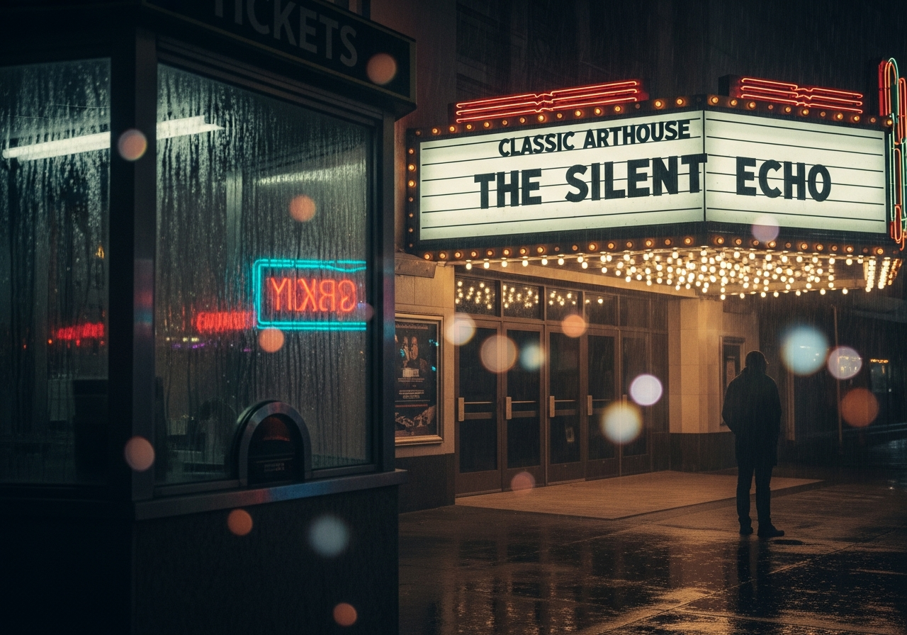 A dimly lit, old-fashioned cinema entrance with a faded marquee showing a classic, arthouse film title. Rain streaks down the glass of the ticket booth, reflecting blurred city lights. A single person stands hesitantly near the entrance, contemplating whether to enter.
