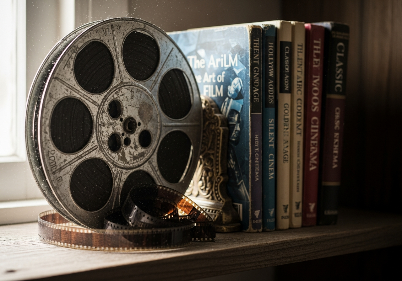 A close-up of an old, worn film reel, possibly dusty, sitting on a wooden shelf next to a stack of classic film books. Soft, natural light illuminates the scene, creating a nostalgic and slightly melancholic atmosphere.
