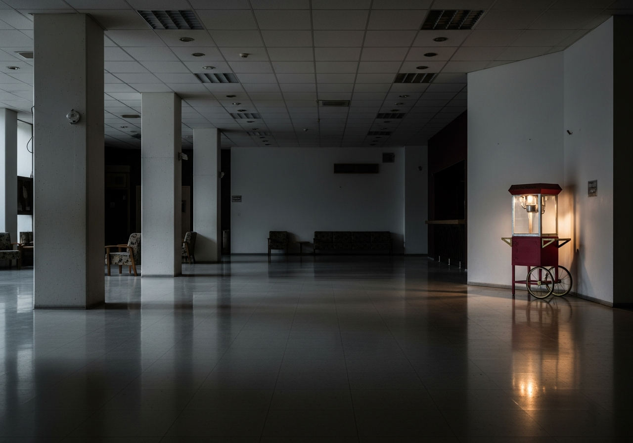 A wide shot of an empty, minimalist cinema lobby with a single, lonely popcorn machine glowing faintly in the corner. The walls are bare, and the general atmosphere is one of quiet abandonment and fading glory.