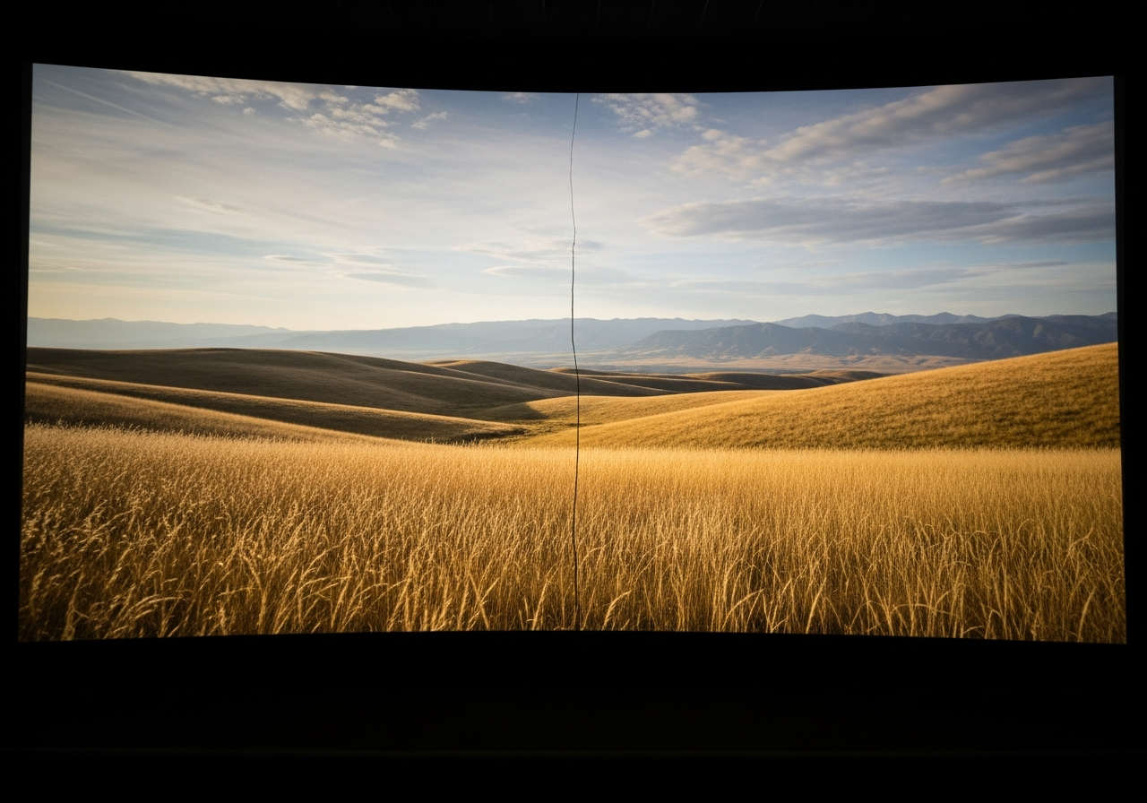 A close-up shot of a cinema screen projecting a stunning, hyper-realistic but empty landscape, with a single, faint crack line running through the center, symbolizing a lack of depth.