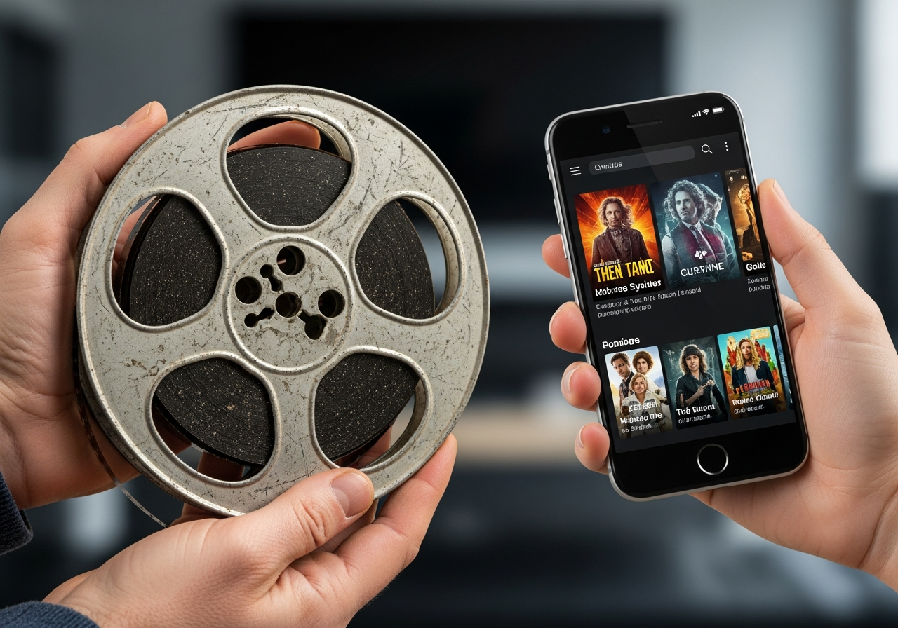 A hand holding a very old, worn film reel, half-unspooled, with another hand holding a sleek, modern smartphone displaying a streaming service interface with vibrant, artificial colors.