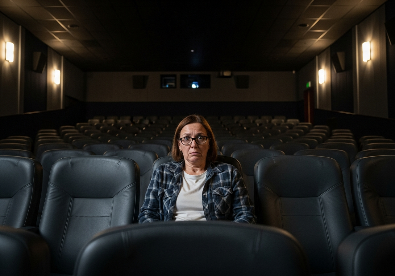 A person looking bewildered and slightly disappointed, sitting in a plush, empty cinema seat, surrounded by dim, receding lights.