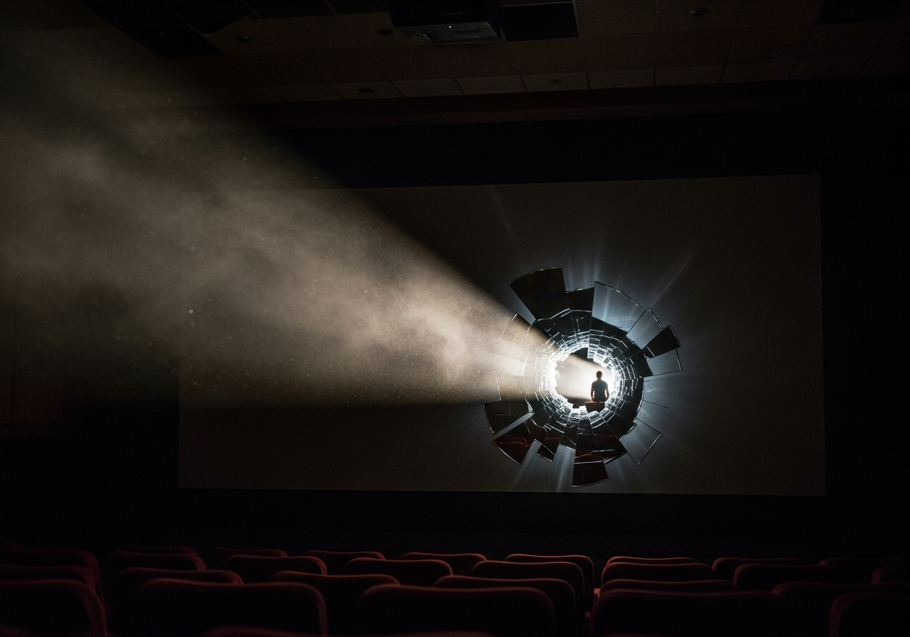 A dimly lit, empty movie theater with a single flickering projector beam cutting through the dust, highlighting a fragmented, almost shattered screen showing a distorted reflection of a lonely viewer.