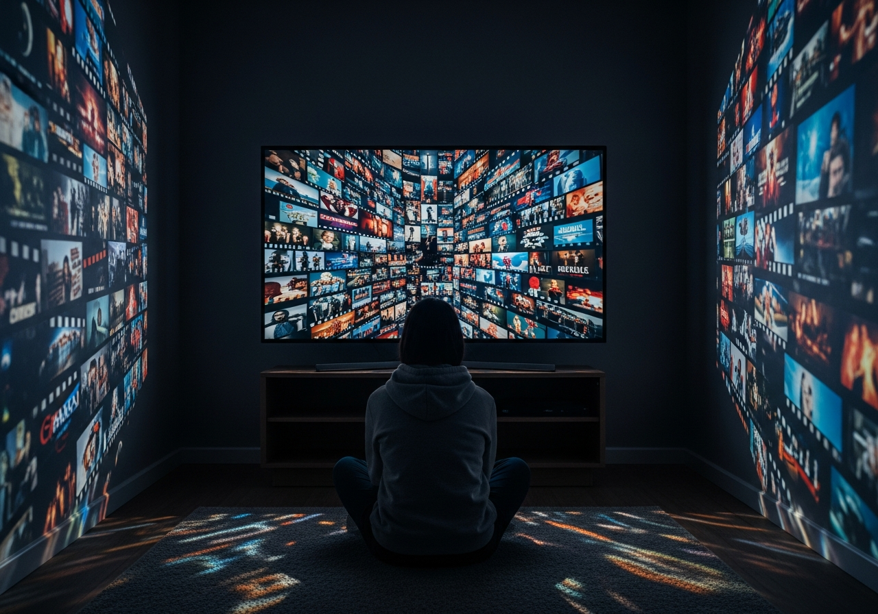 A person sitting alone in a small, cozy room, illuminated only by the glow of a large television screen, reflecting a complex, fragmented mosaic of different movie genres and scenes.