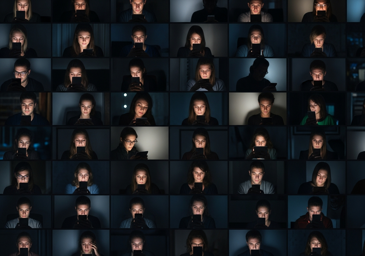 An abstract representation of a fragmented digital screen, displaying numerous small, unconnected video frames, each depicting a different person watching their own content in isolation, their faces illuminated by the device glow.
