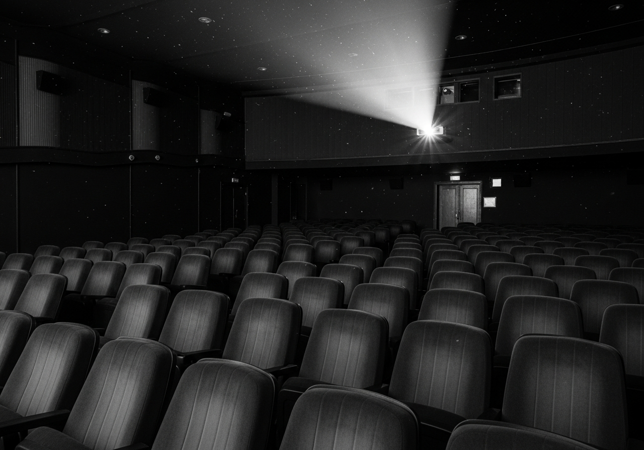 A black and white photograph of an old, dimly lit cinema interior. The seats are plush and inviting, and a single beam of light from the projector cuts through the dust motes in the air, creating a nostalgic and serene atmosphere. There are no people visible, emphasizing the quiet anticipation.